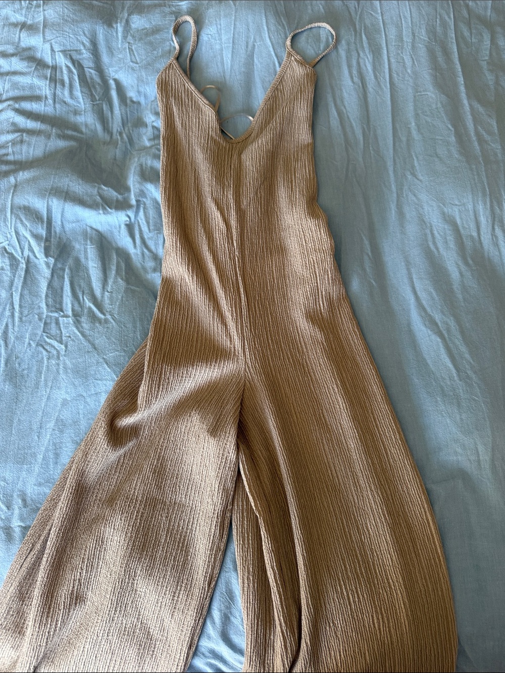 Pull&Bear Ribbed Tan Wide-Leg Jumpsuit